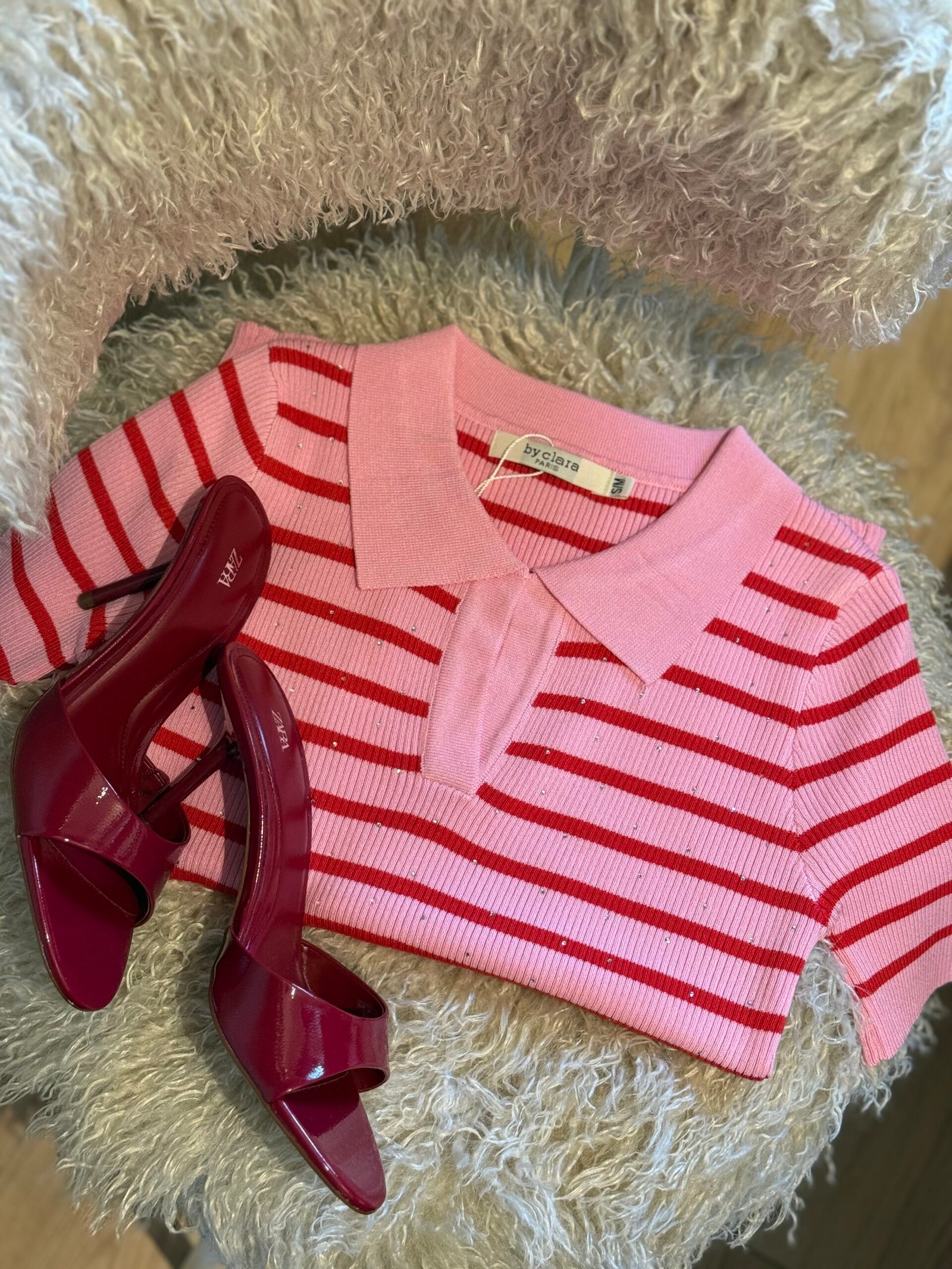 Gestreepte top roze rood strass