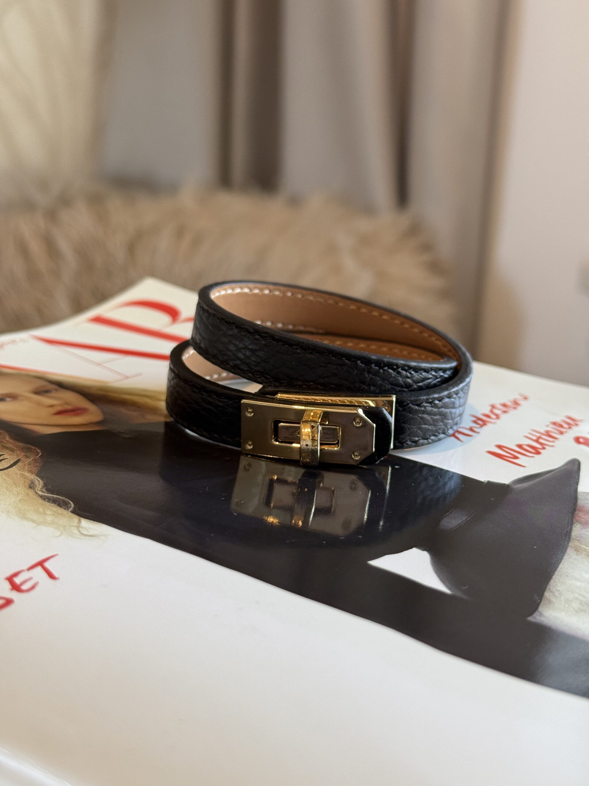 Wikkel armband echt leer zwart goud