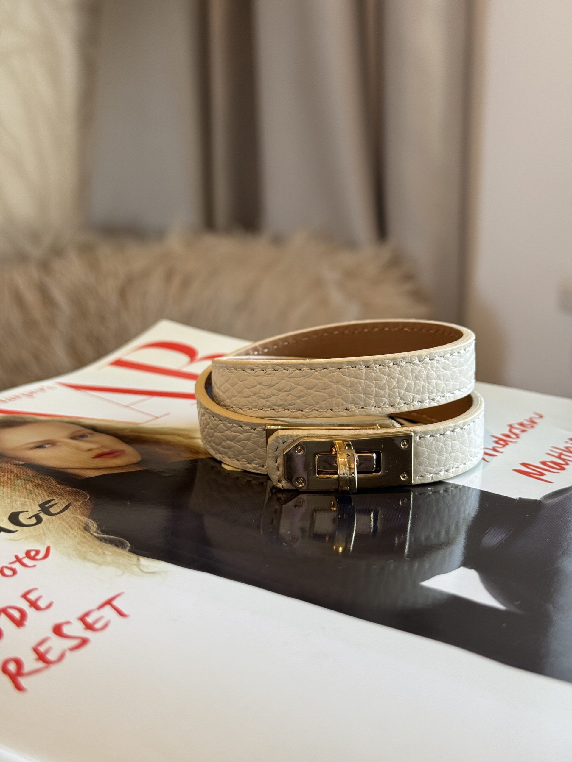 Wikkel armband echt leer crème goud