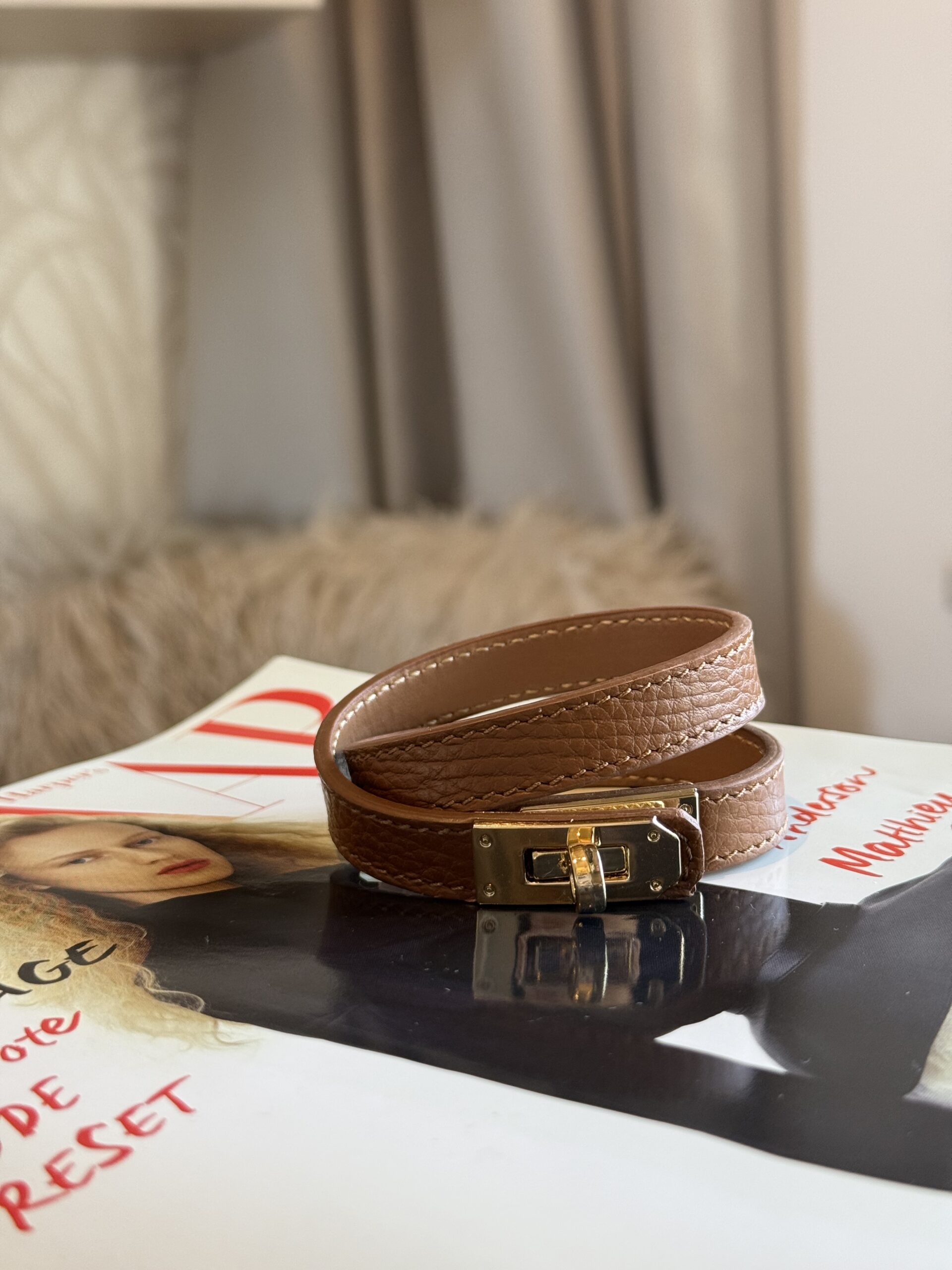 Wikkel armband echt leer cognac goud