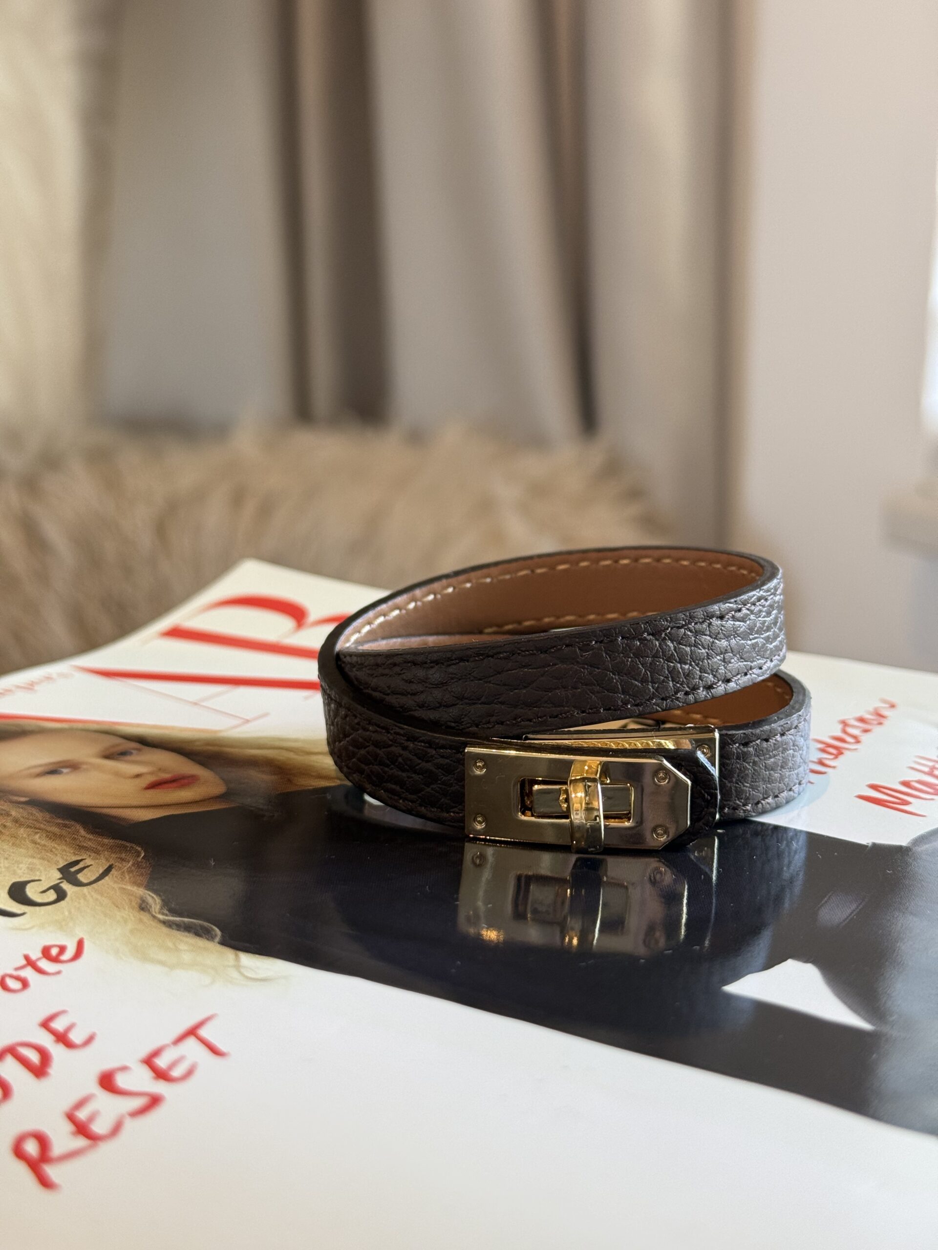 Wikkel armband echt leer bruin goud